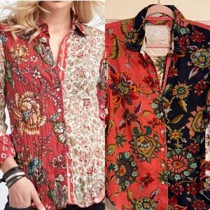 CINO Floral Mixed Print Button Down Popover Sleeve Blouse Top Medium Navy Coral